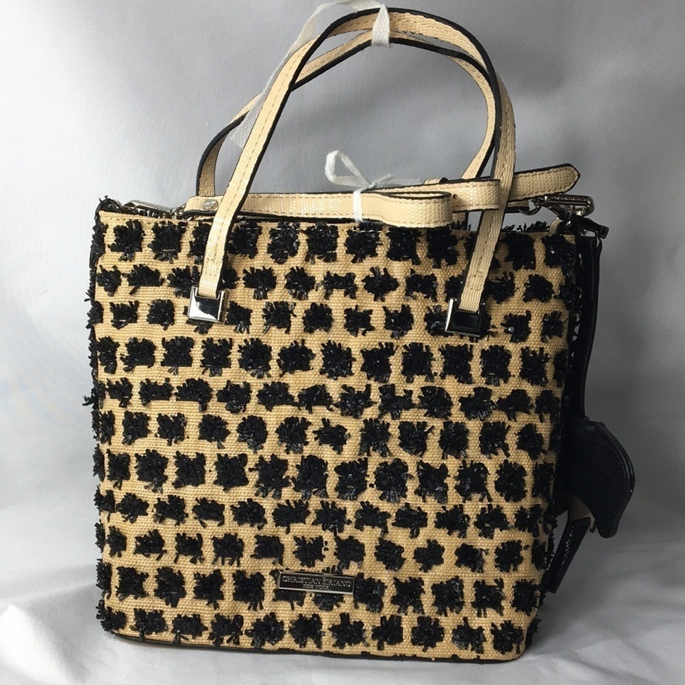 Christian Siriano Sabrina Woven Raffia Bag Tan and Black NEW with Tags